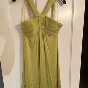 BCBG Silk Chartreuse Ruched Halter Dress with Gold Sparkles